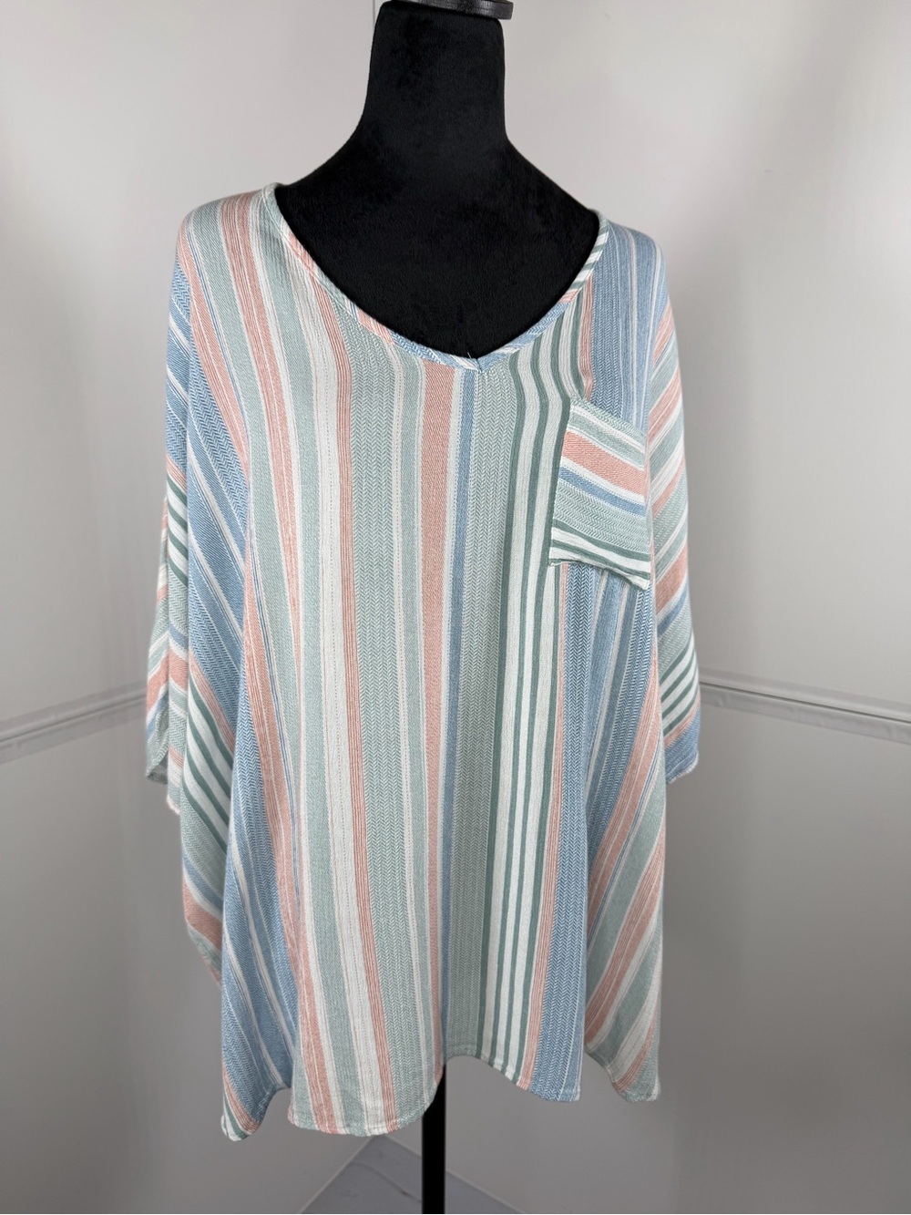Jodifl Pastel Striped Oversized Tunic Top Pocket Dolman Sleeve Size Large
